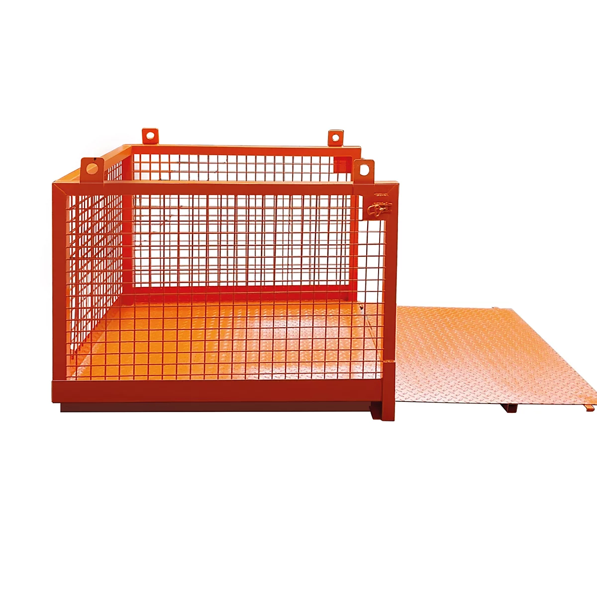 Orangener Metallkorb mit Gitterwänden und einer ausklappbaren Platte.