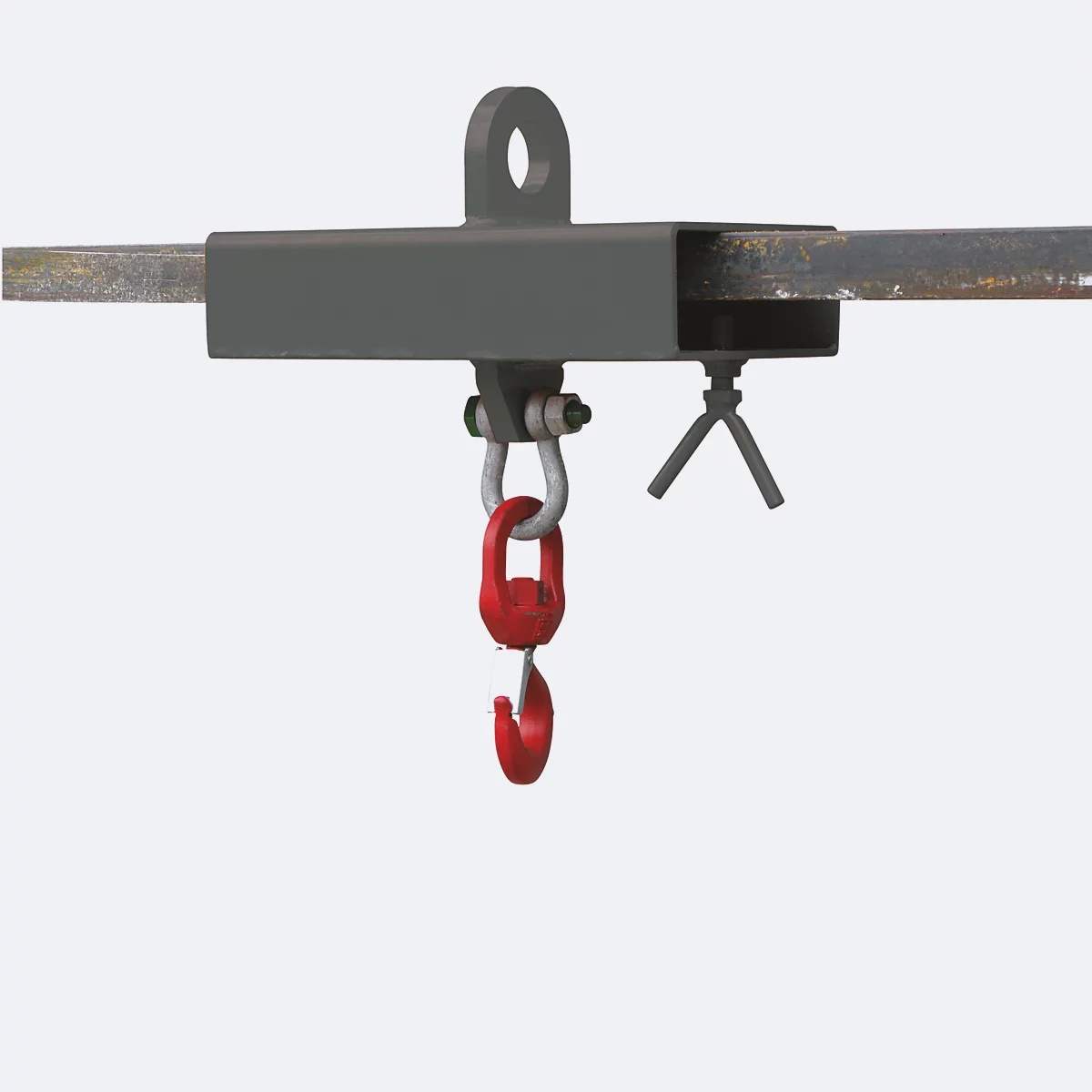 Ein grauer Trägerklemmen-Halter mit rotem Haken an einem Stahlträger befestigt.
