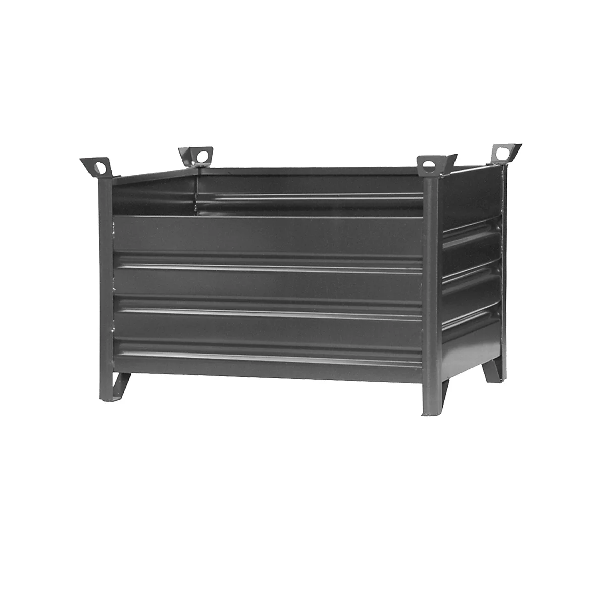 Graue, metallene Lagerbox mit horizontalen Rillen. An den Ecken befinden sich Halterungen, die die Box stapelbar machen.