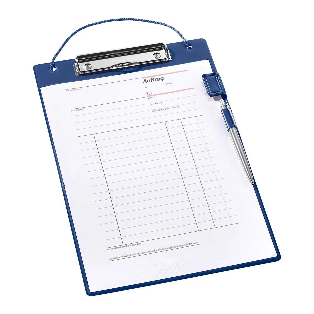 Blue clipboard with pen holder and pen. The paper says "Auftrag".