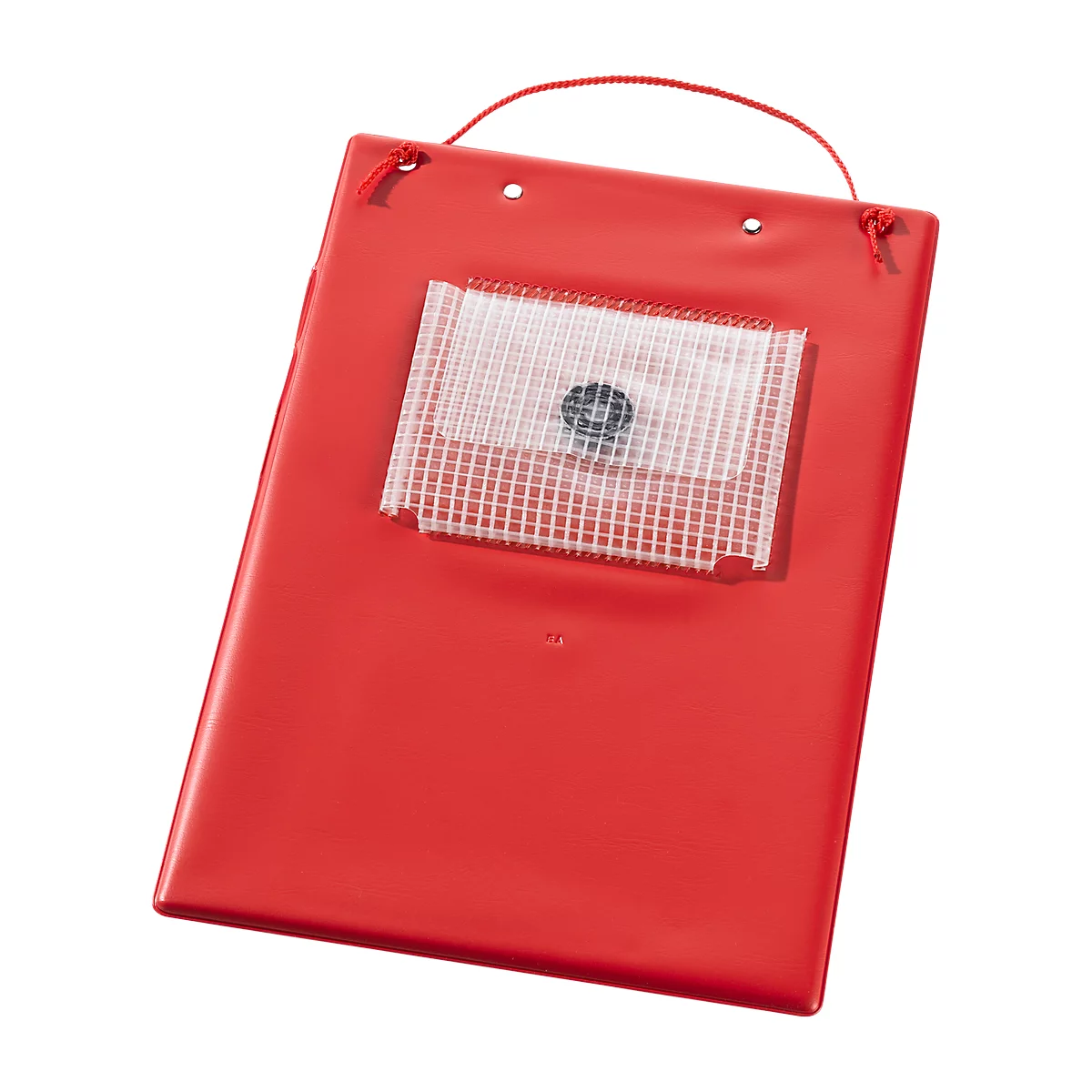 Red memo board with handle, transparent window and button. The handle is made of cord. The background is white.