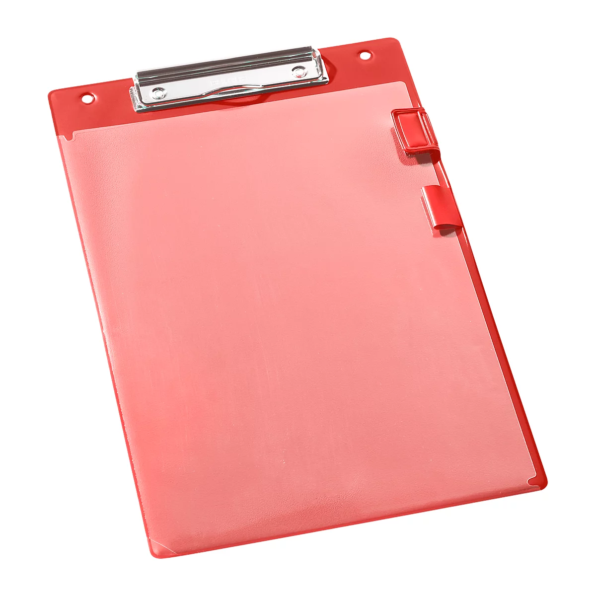 Red clipboard with silver clip and two red closures. The clipboard has a transparent viewing window.