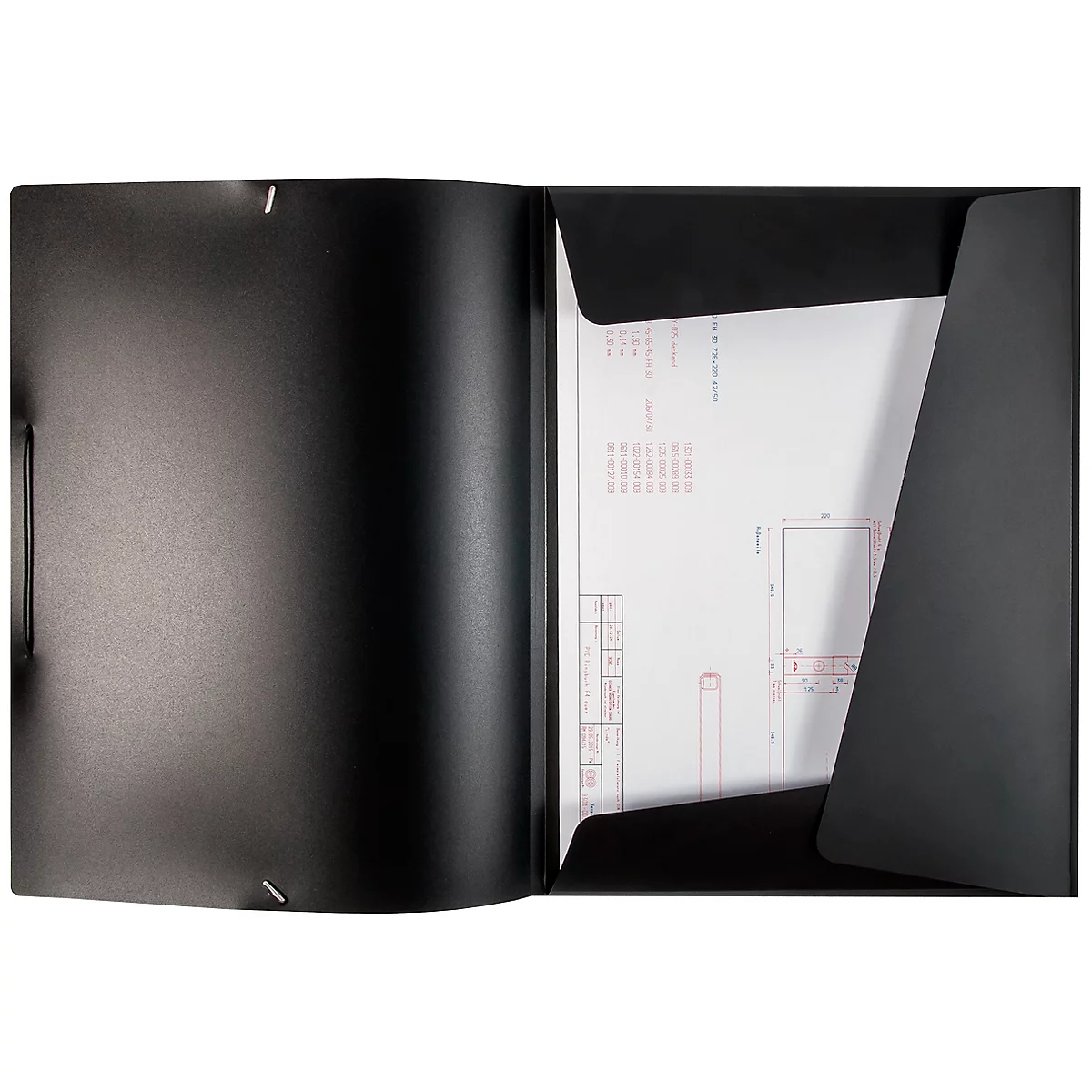 Black document folder with open compartments, paper with sketches and diagrams.