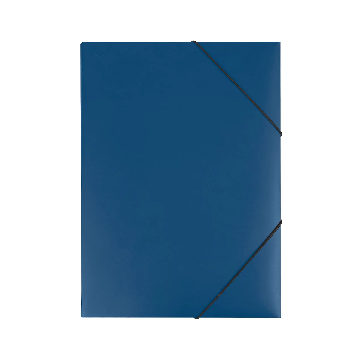 Blue folder with rubber band closure on a white background.