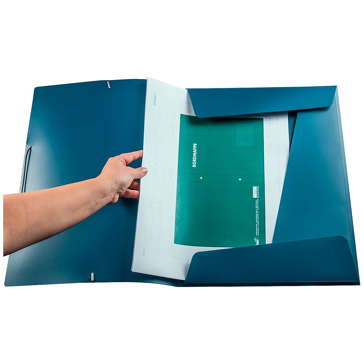 A person opens a blue document folder. Inside are green and white documents. There is a text on the green paper.
