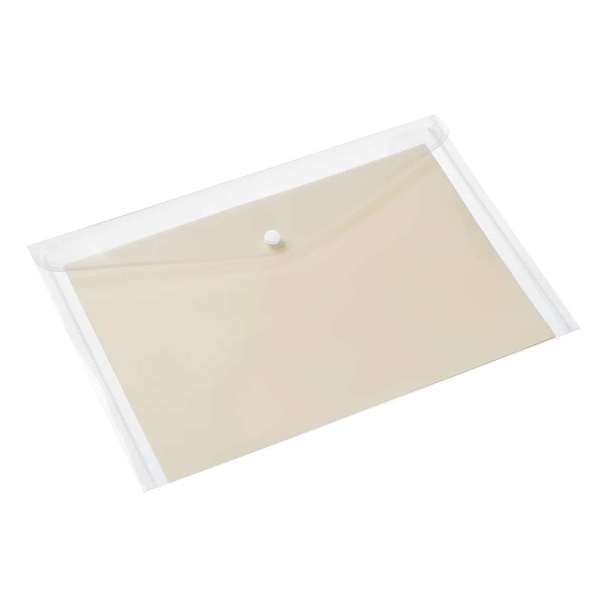 Transparent, rectangular document bag with a beige colored sheet of paper. A white button closes the bag.