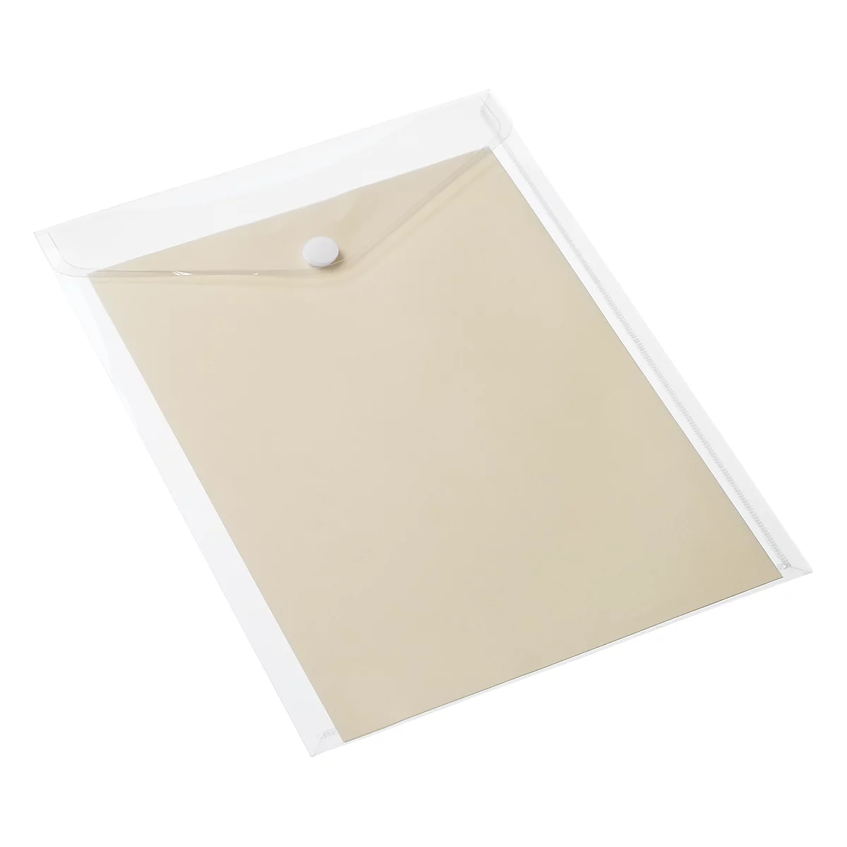 Transparent document case with beige paper and a white button closure.