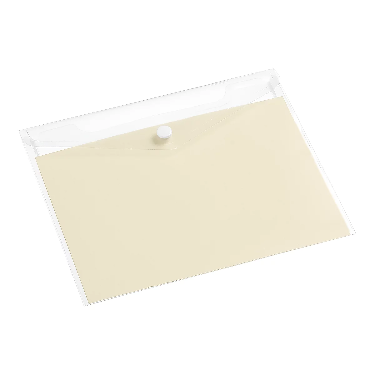 Transparent plastic bag with cream-colored paper and a white button closure.