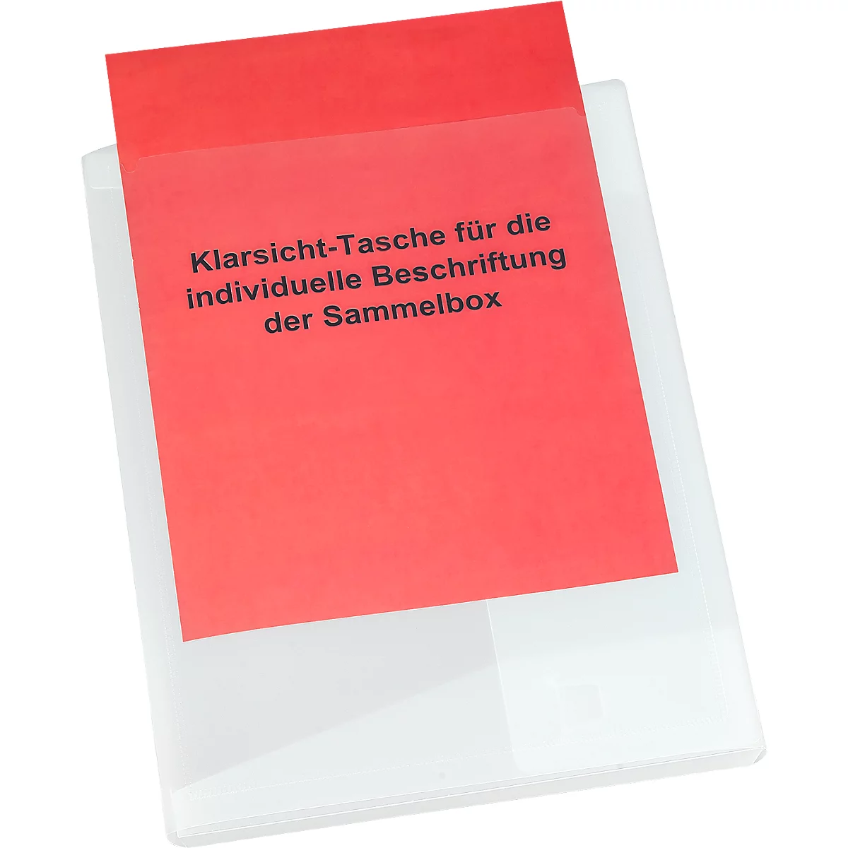 Red transparent pocket with black text on a transparent plastic case.