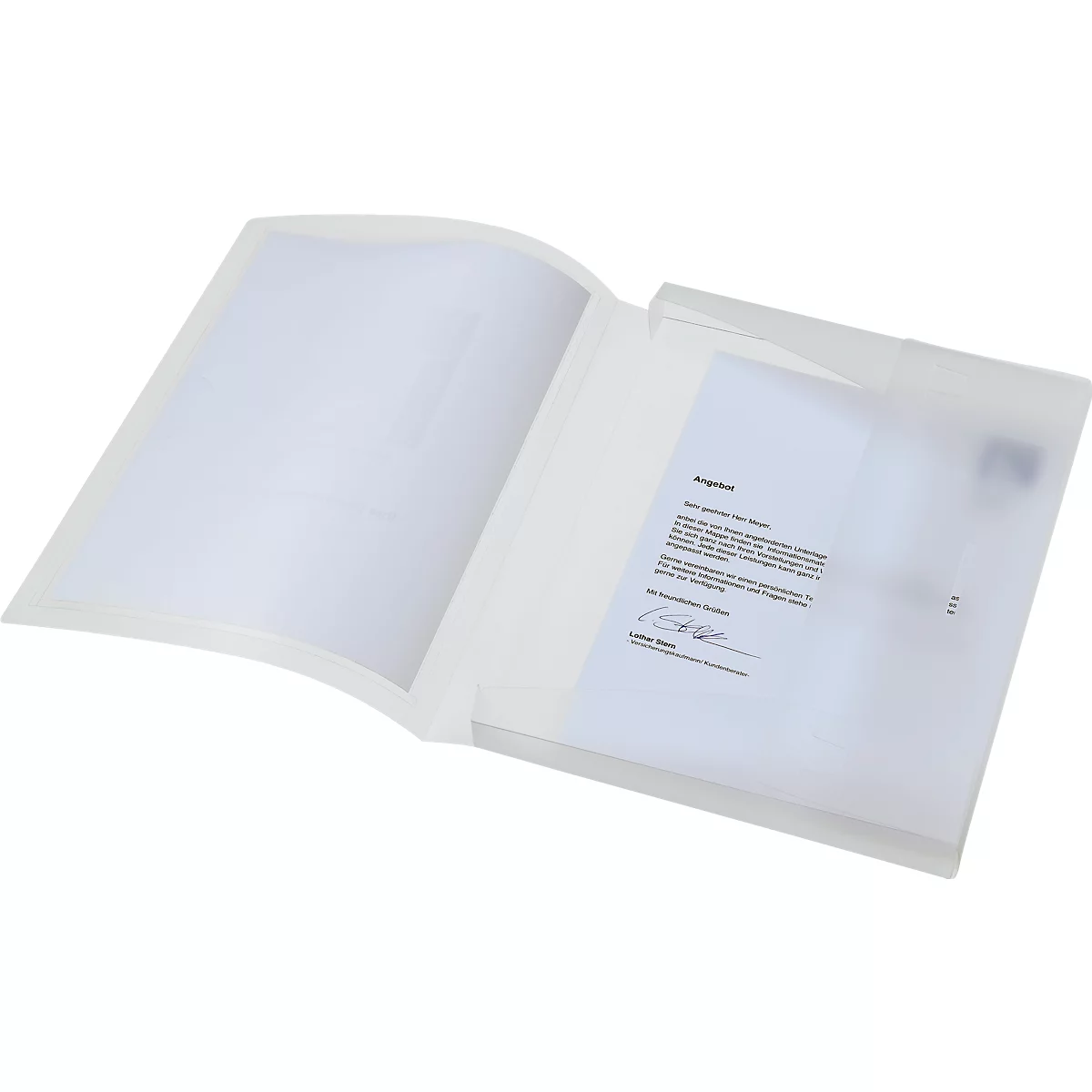 Transparent document folder, open, with paper. Inside, an offer with a signature.