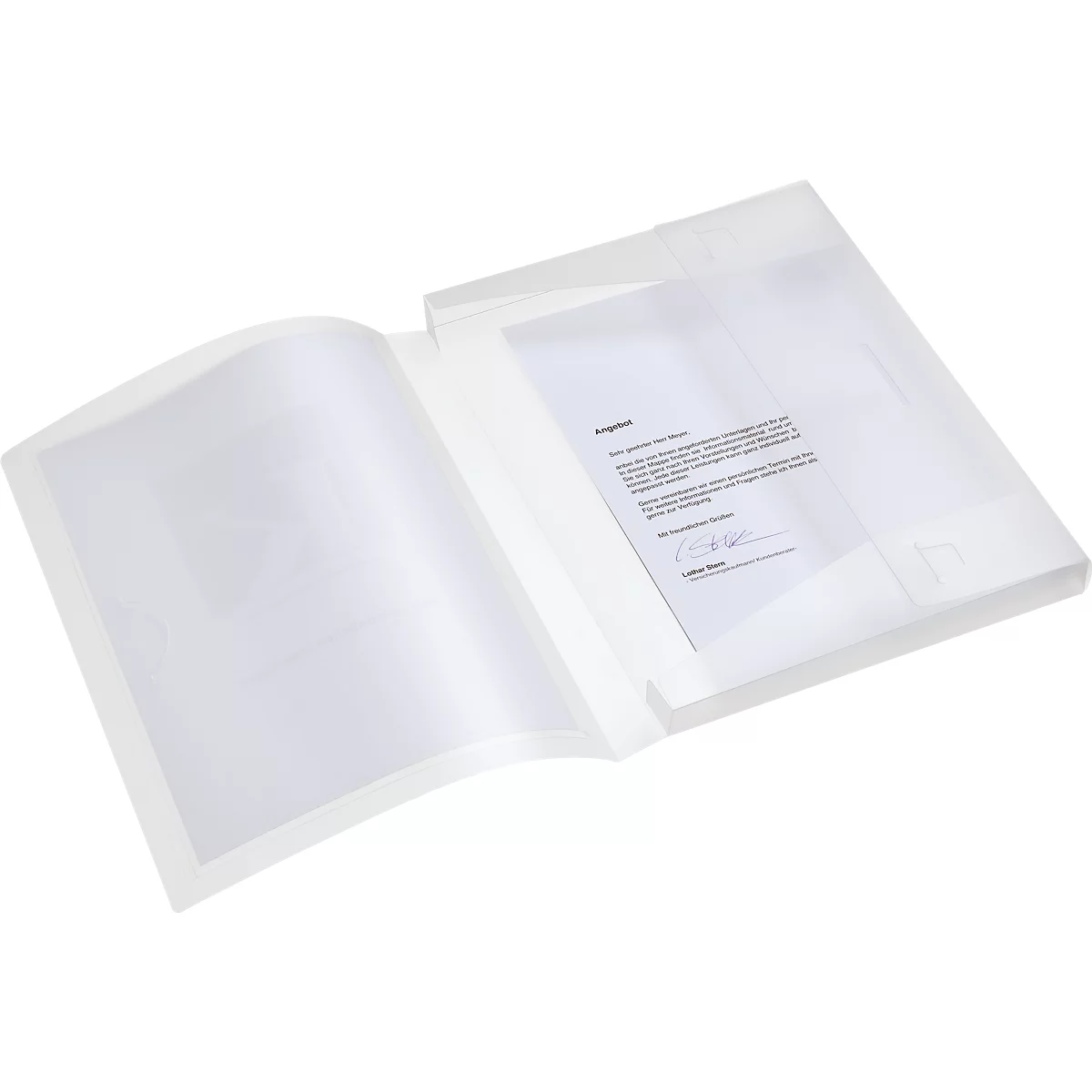 Transparent document folder with open pages. On the right side is a sheet of paper with text. Left blank page.