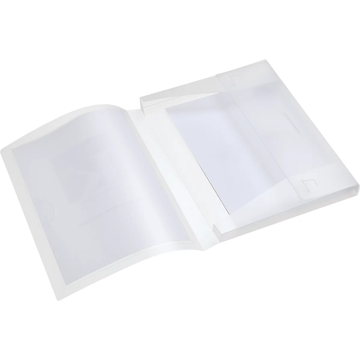 Transparent folder with white pages, open on a white background. The folder has a clear plastic cover.