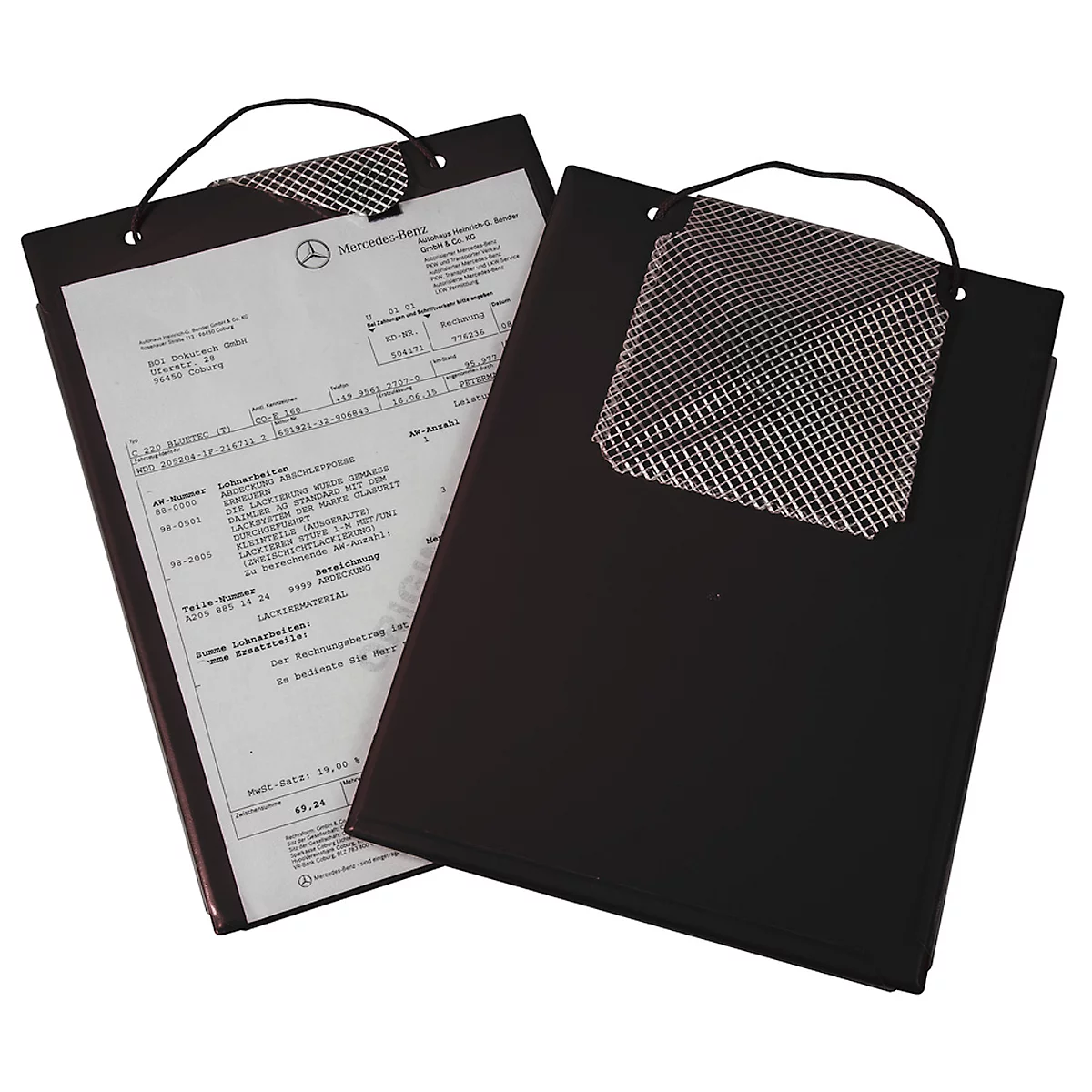 Two black clipboards with mesh pocket and handle, one with an invoice. Mercedes-Benz logo visible.