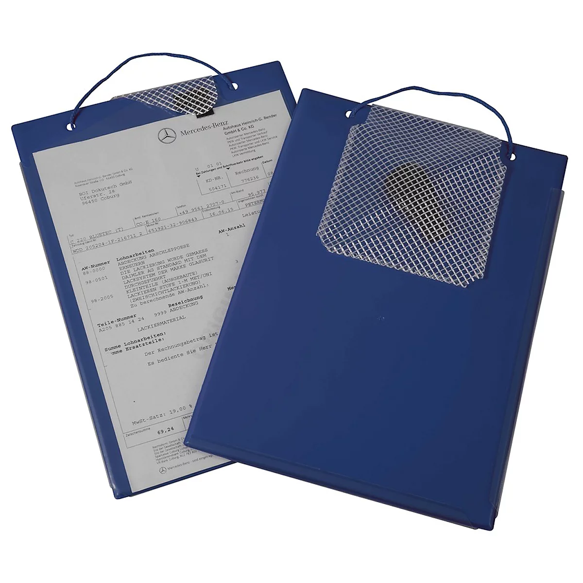 Two blue file folders with documents. A Mercedes-Benz logo is visible on one.