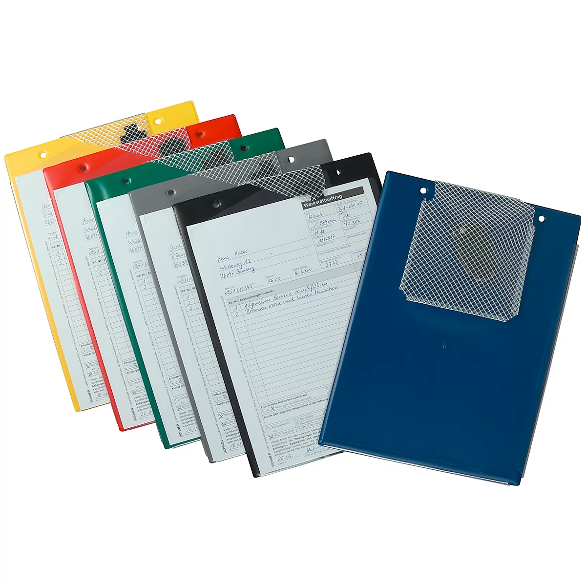 Multi-colored clipboards with papers arranged in a row. Yellow, red, green, grey and blue.