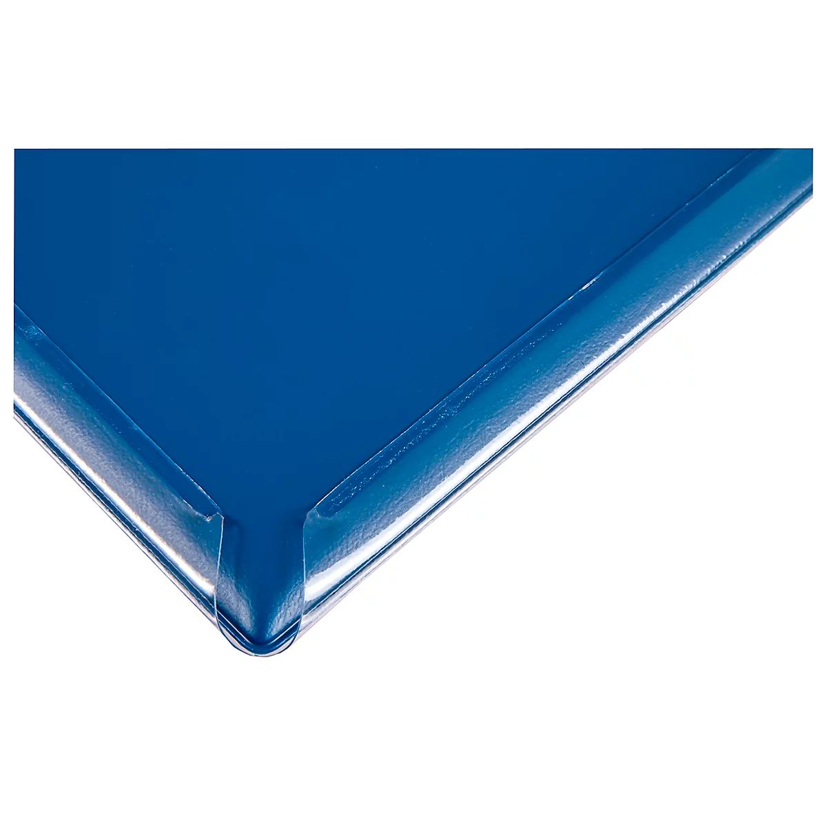 Close-up of a blue plastic edge forming a rounded corner.