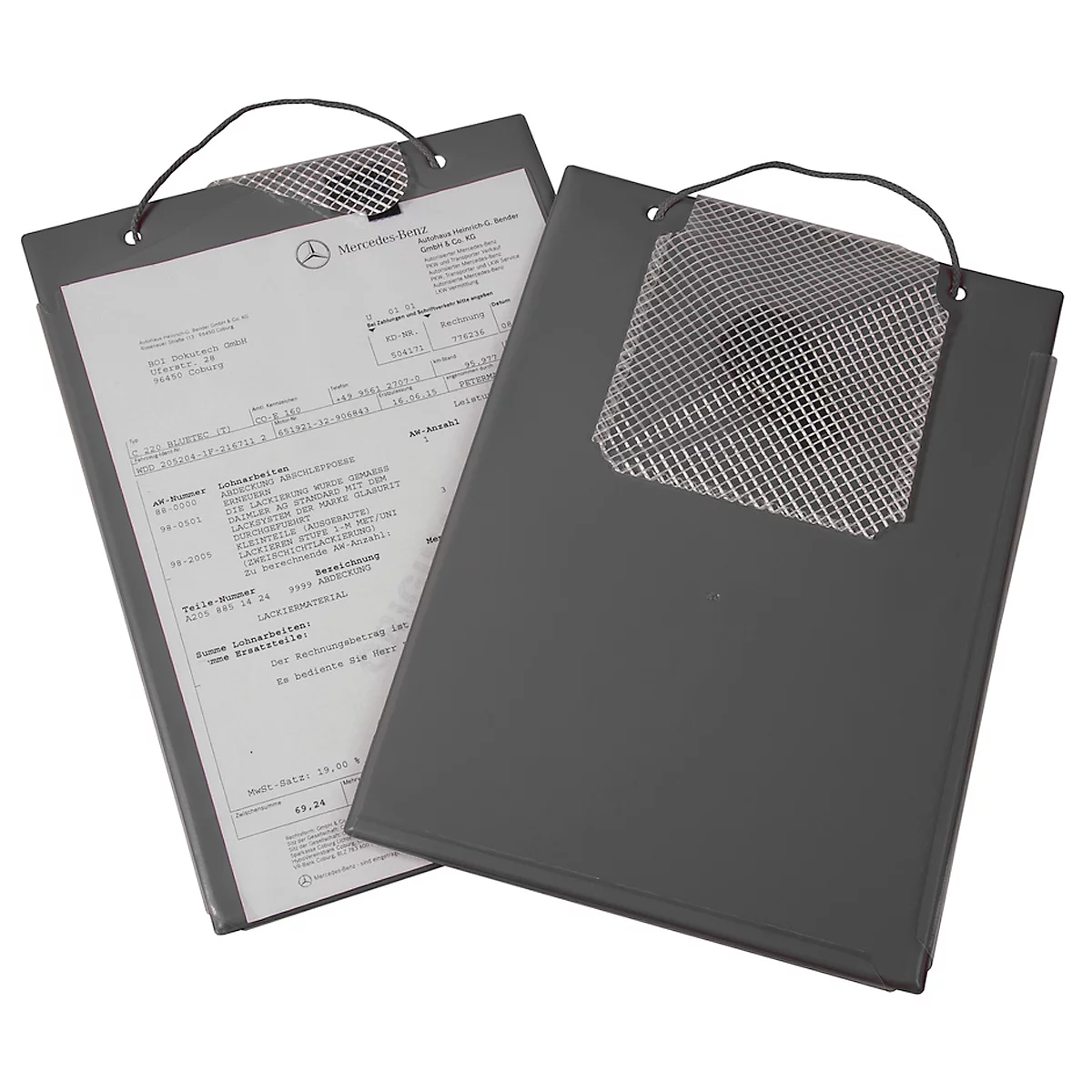 Two gray folders with documents, one with a Mercedes-Benz logo. Each folder has a carrying handle and a mesh.