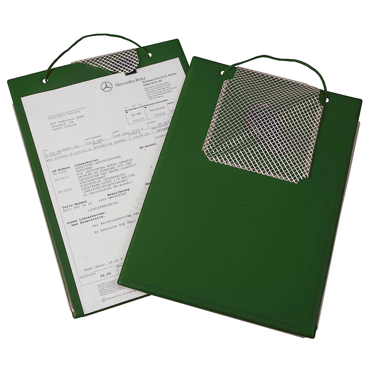 Two green clipboards with paper, one open with Mercedes logo and text.