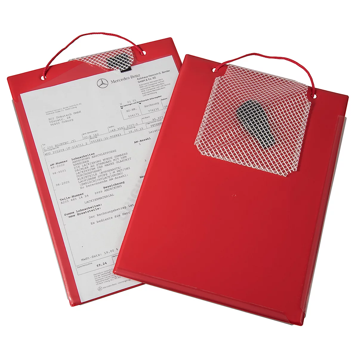 Two red folders with paper, handles and mesh pockets. One has paper with text, the other is empty.
