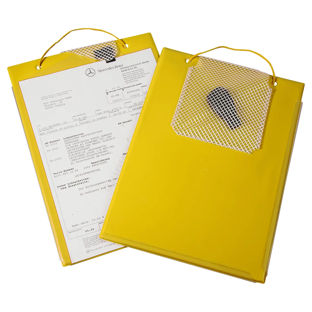 Two yellow clipboards, one with paper, the other with a mesh pocket. Both have a carrying handle.