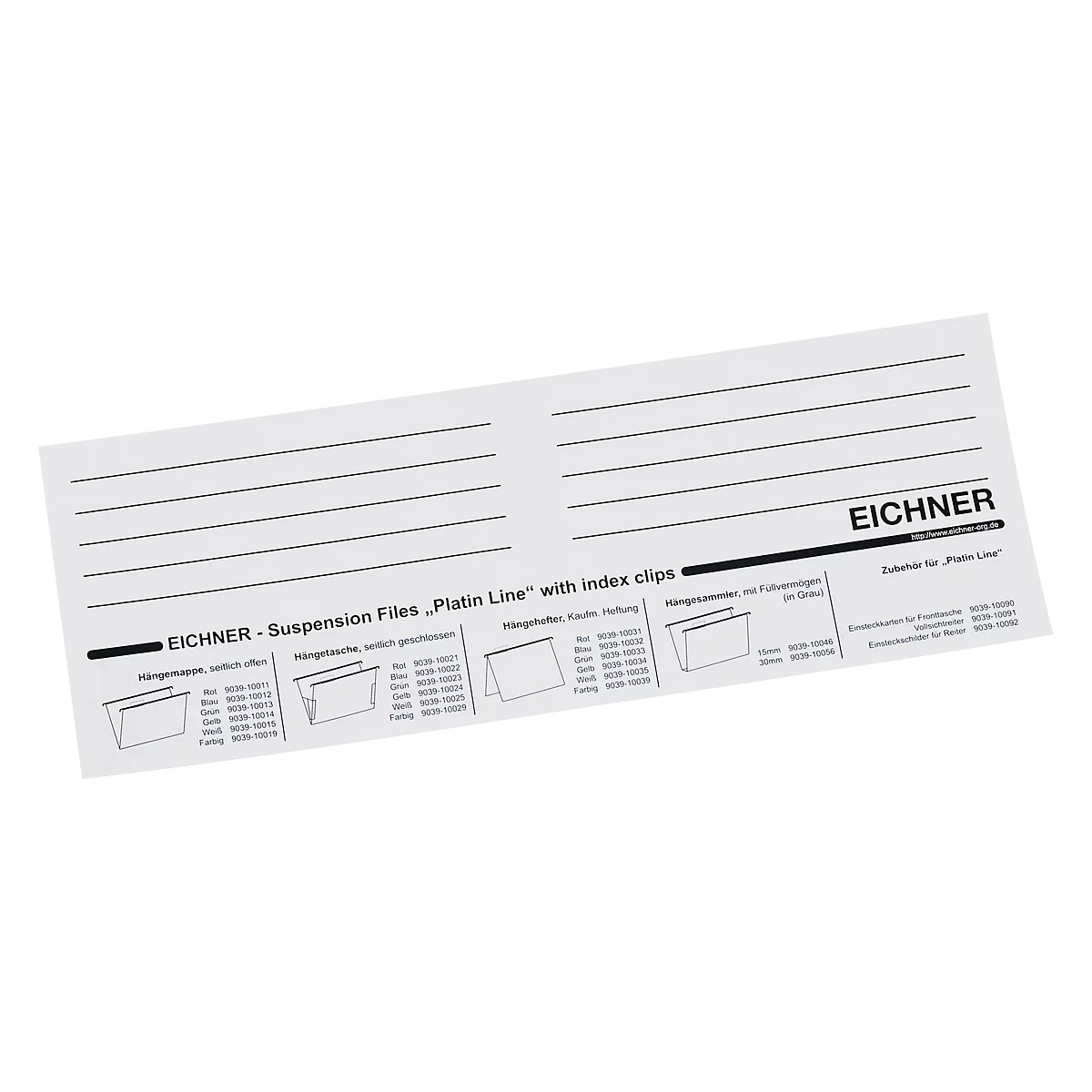 White label with black lines, text and logo. Inscription: EICHNER. Product name: Suspension Files "Platin Line" with index clips.