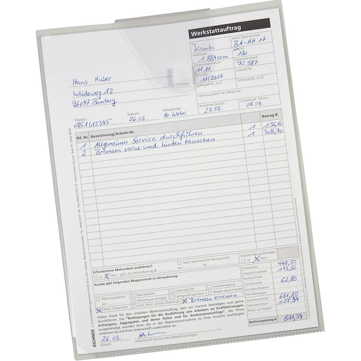 Eichner 'Light' besteltas, met sleutelvak, B 230 x D 5 x H 330 mm, 10 stuks, lichtgrijs/transparant