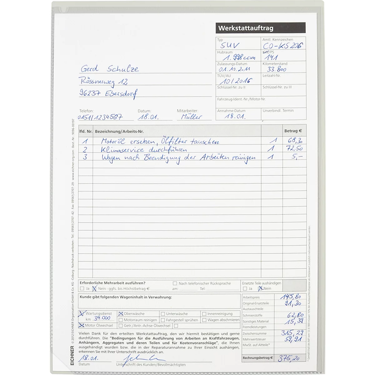 Eichner "Light" besteltas, zonder sleutelvak, B 230 x D 5 x H 330 mm, 10 stuks, lichtgrijs/transparant