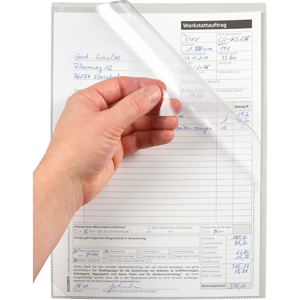 Eichner "Light" besteltas, zonder sleutelvak, B 230 x D 5 x H 330 mm, 10 stuks, lichtgrijs/transparant