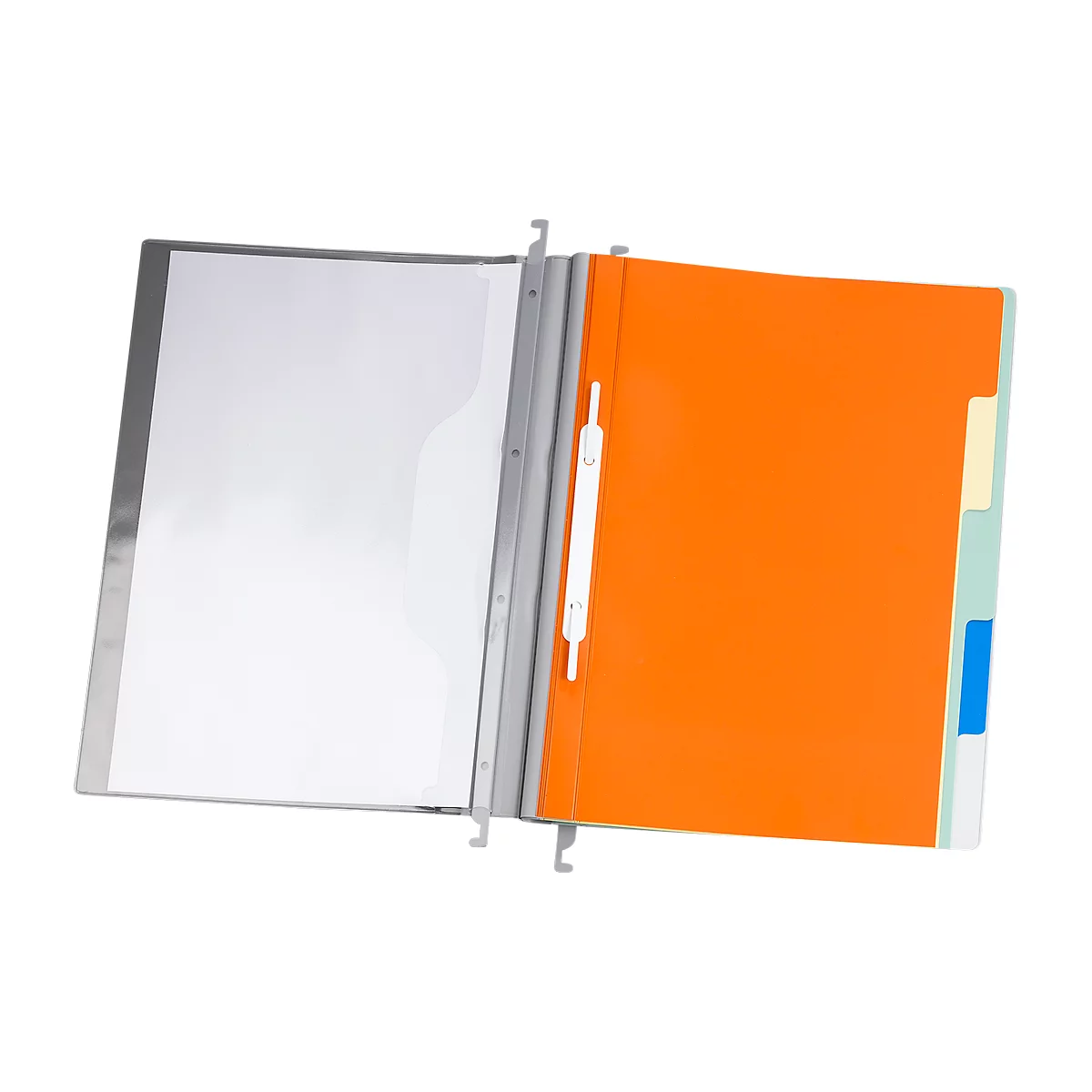 Opened gray folder with orange and transparent compartment, yellow, blue and green index.