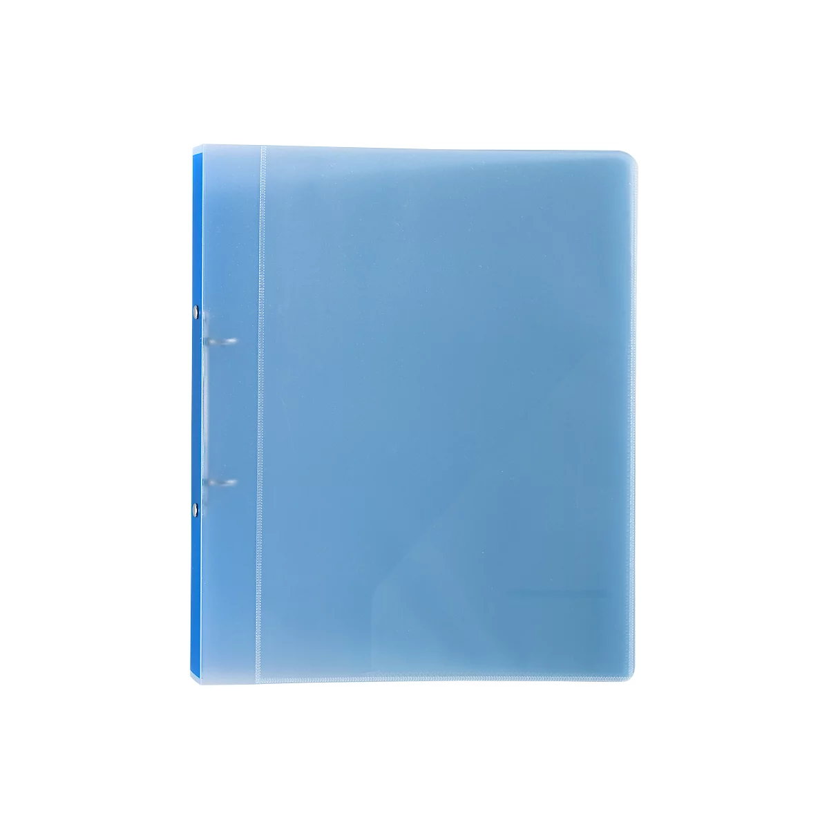 Hellblauer Ordner mit Metallringen und blauem Rücken, auf weißem Hintergrund. Transparente Hülle.