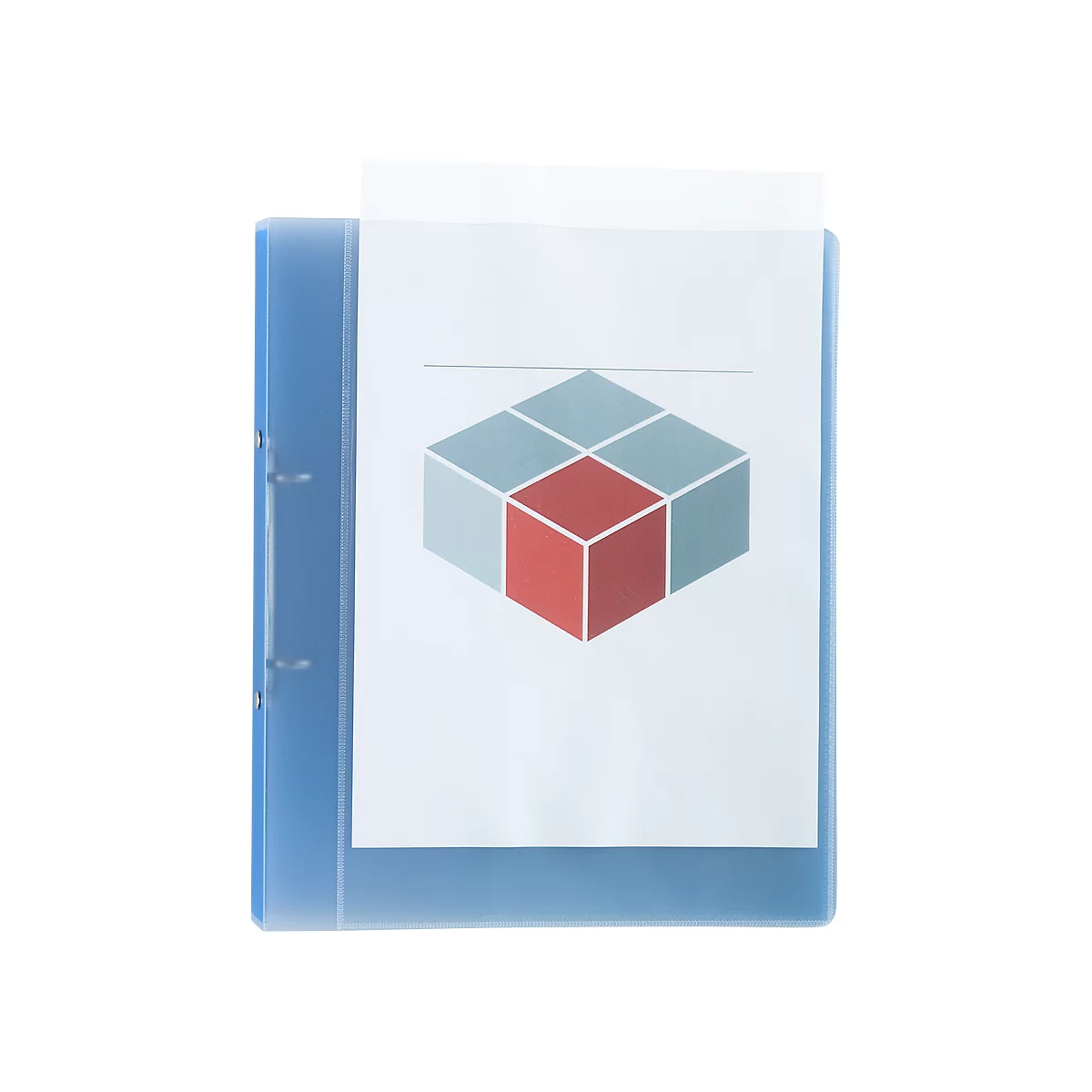 Blauer Ordner mit eingelegtem Blatt mit kubischem Diagramm.