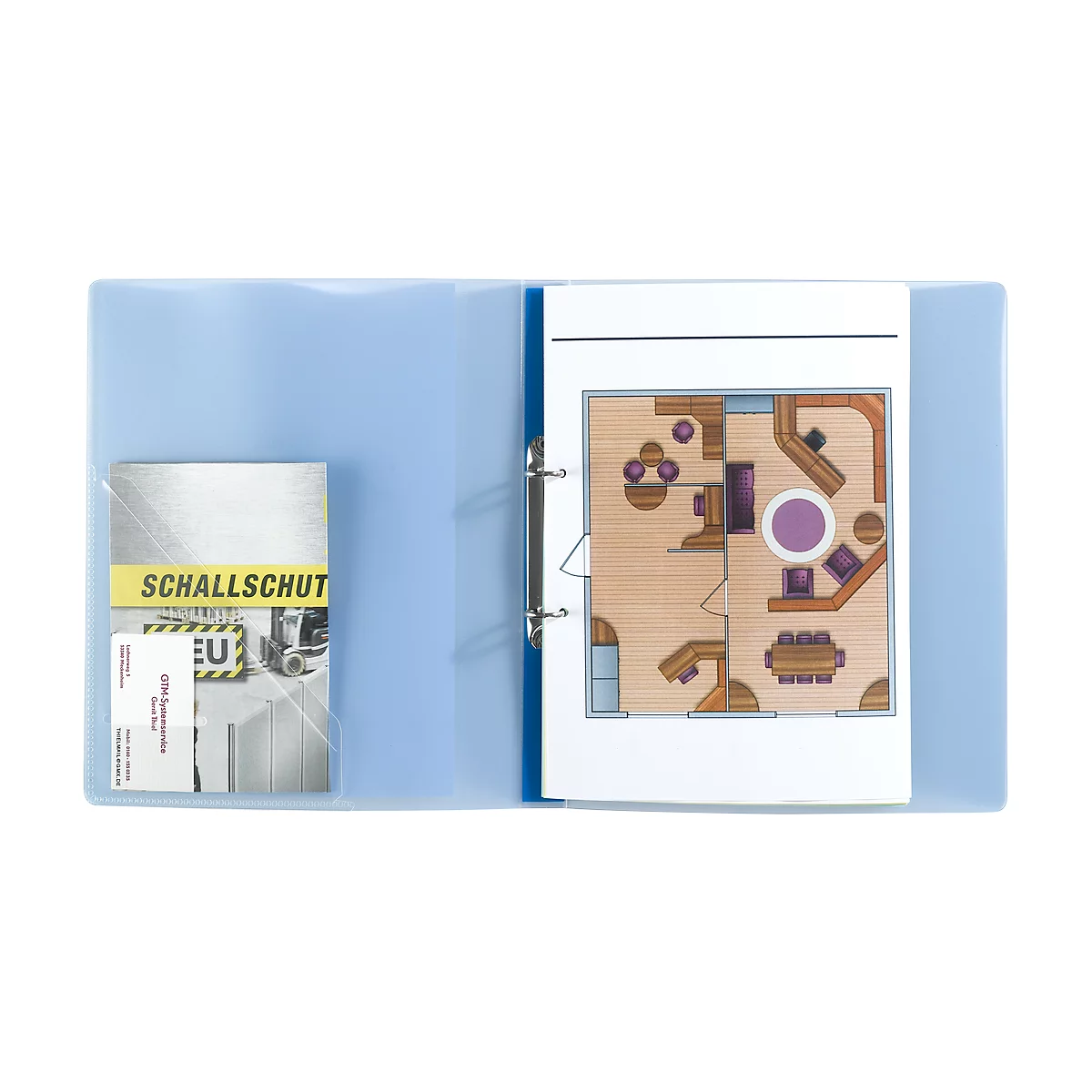 Hellblaues Büro mit Ordner, Plan, Visitenkarte. Darauf Schriftzug: Schallschutz, EU, Grundriss des Büros.