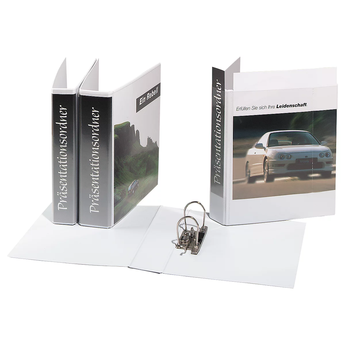 Weiße Präsentationsordner mit Fotos, die teilweise geöffnet sind. Auf der Vorderseite steht 'Präsentationsordner'.