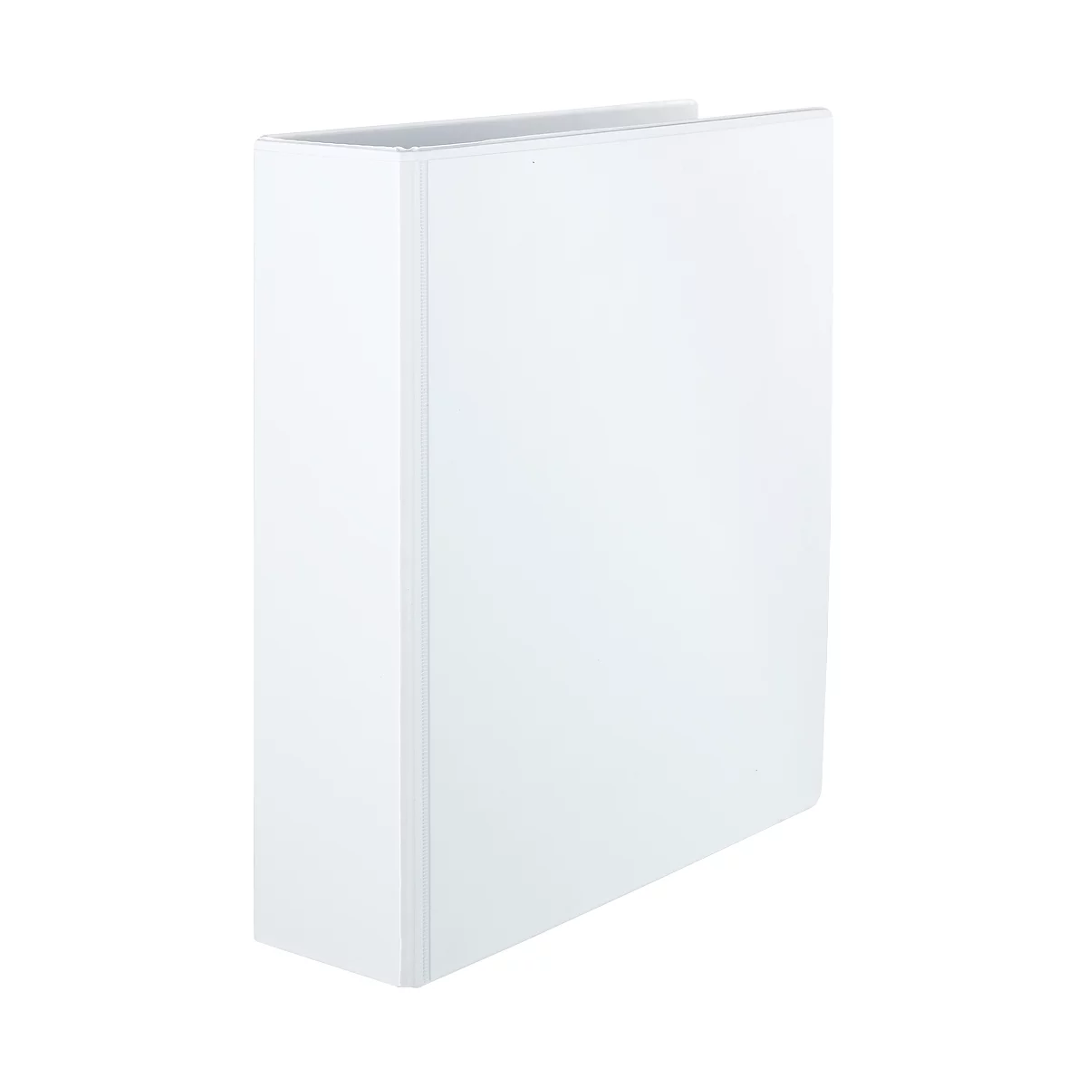 Een witte ordner, lichtjes schuin, tegen een witte achtergrond.