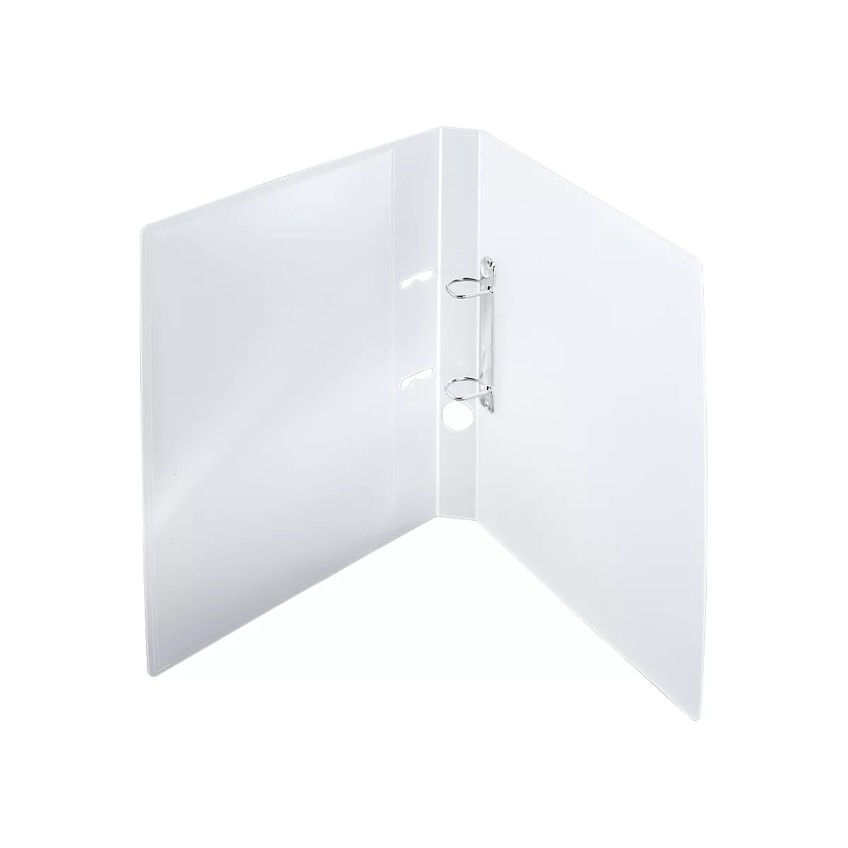 White binder, opened. Metal rings for filing are visible in the center.