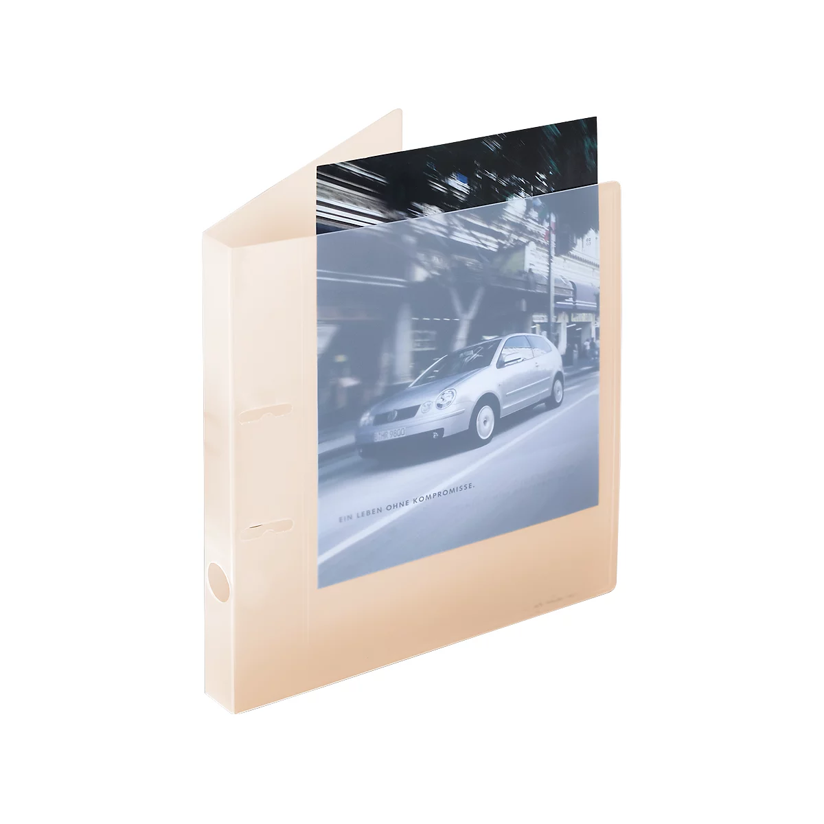 Binder with an inserted sheet showing a car on a street. The binder is light beige.