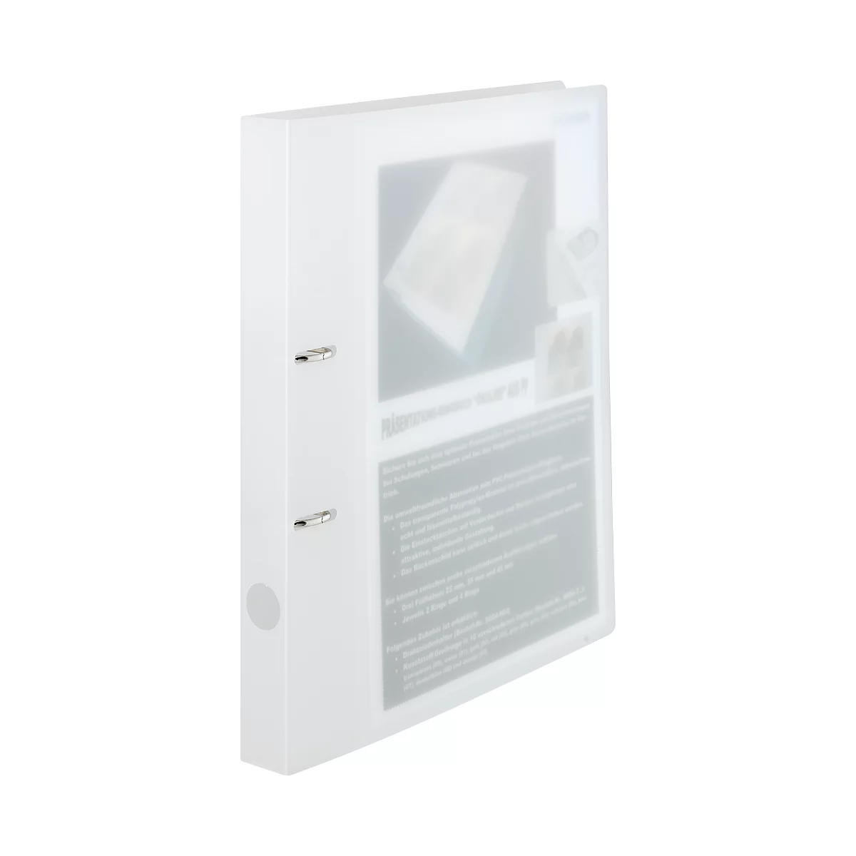 White binder with metal rings and stickers. Inside are sheets of paper with text.