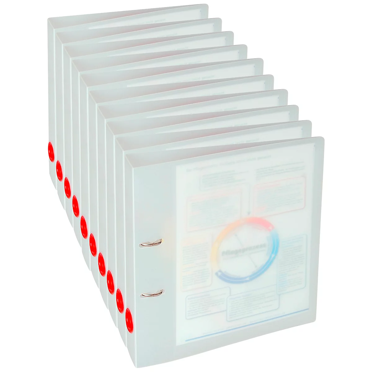 A row of white binders with red clasps, standing half-open. Charts are visible on the sheets.