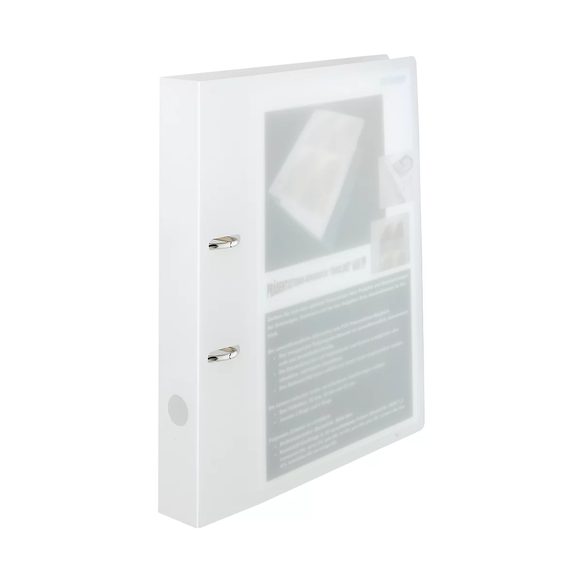 Slightly blurred white binder with two metal rings, contains text and images inside.