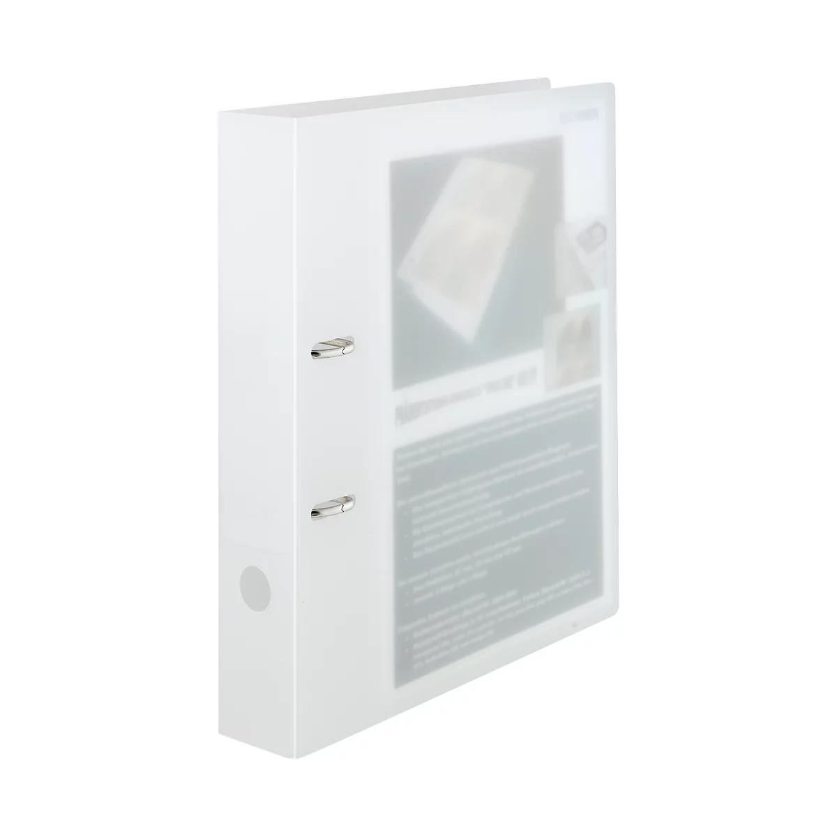 White binder with silver rings and a transparent cover.