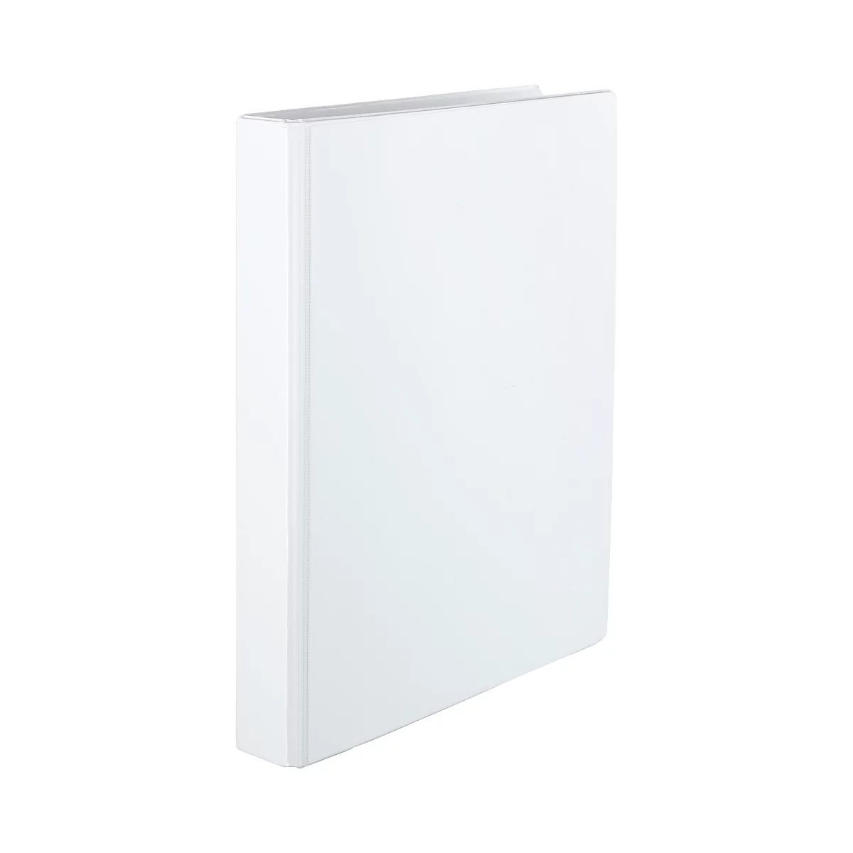 A white binder, photographed slightly from the side.
