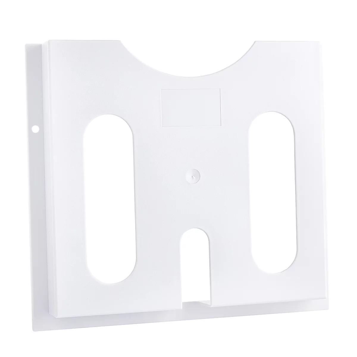 Witte plastic dossierhouder met ovale en rechthoekige uitsparingen. Een concave uitsparing bovenaan.