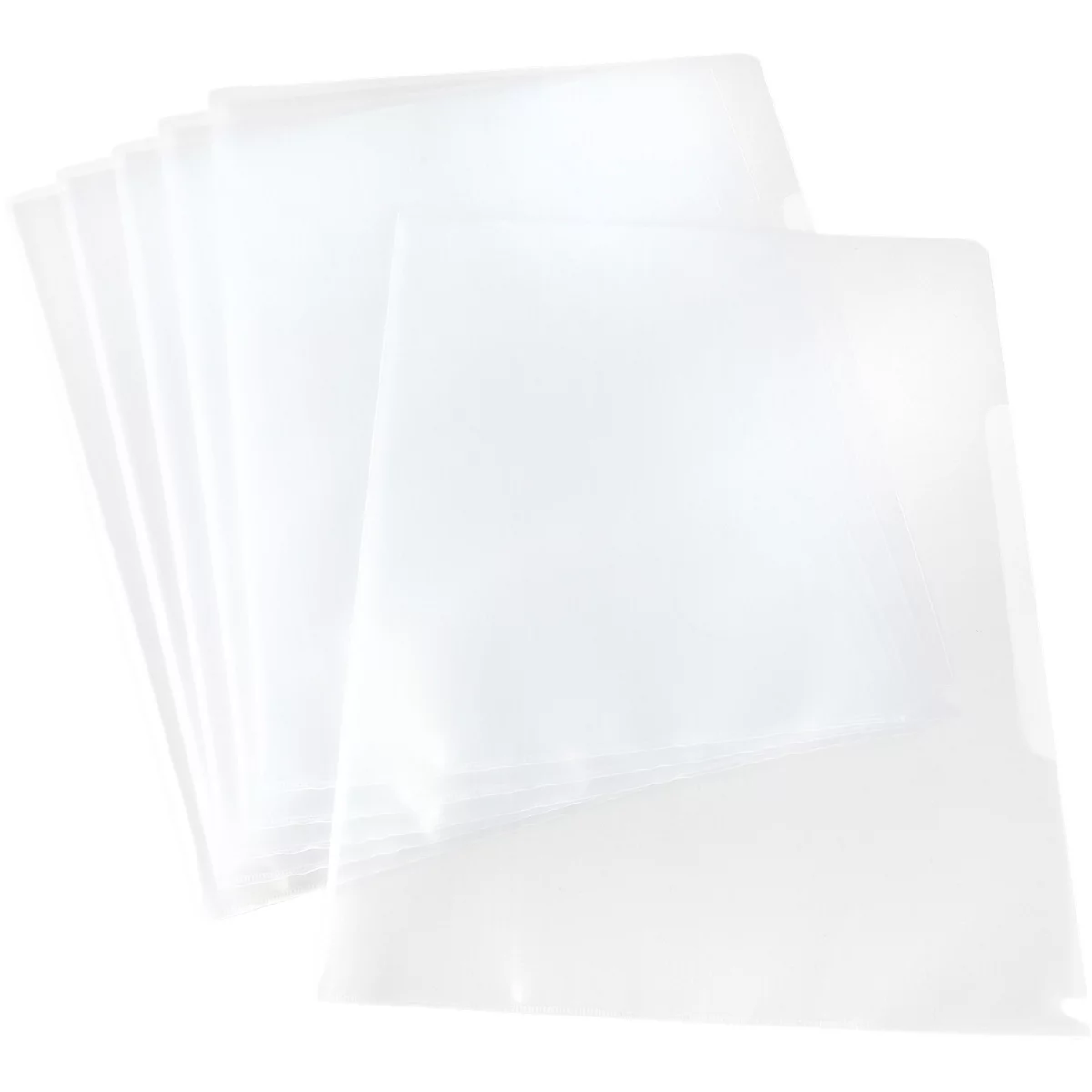 Ein Stapel transparenter, klarer Kunststoff-Hüllen auf weißem Hintergrund.