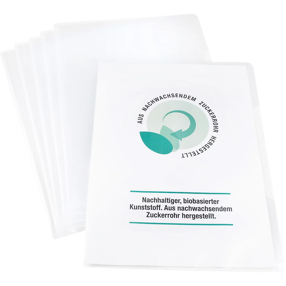 Mehrere transparente Hüllen mit Text und Logo. Text: Aus nachwachsendem Zuckerrohr hergestellt.