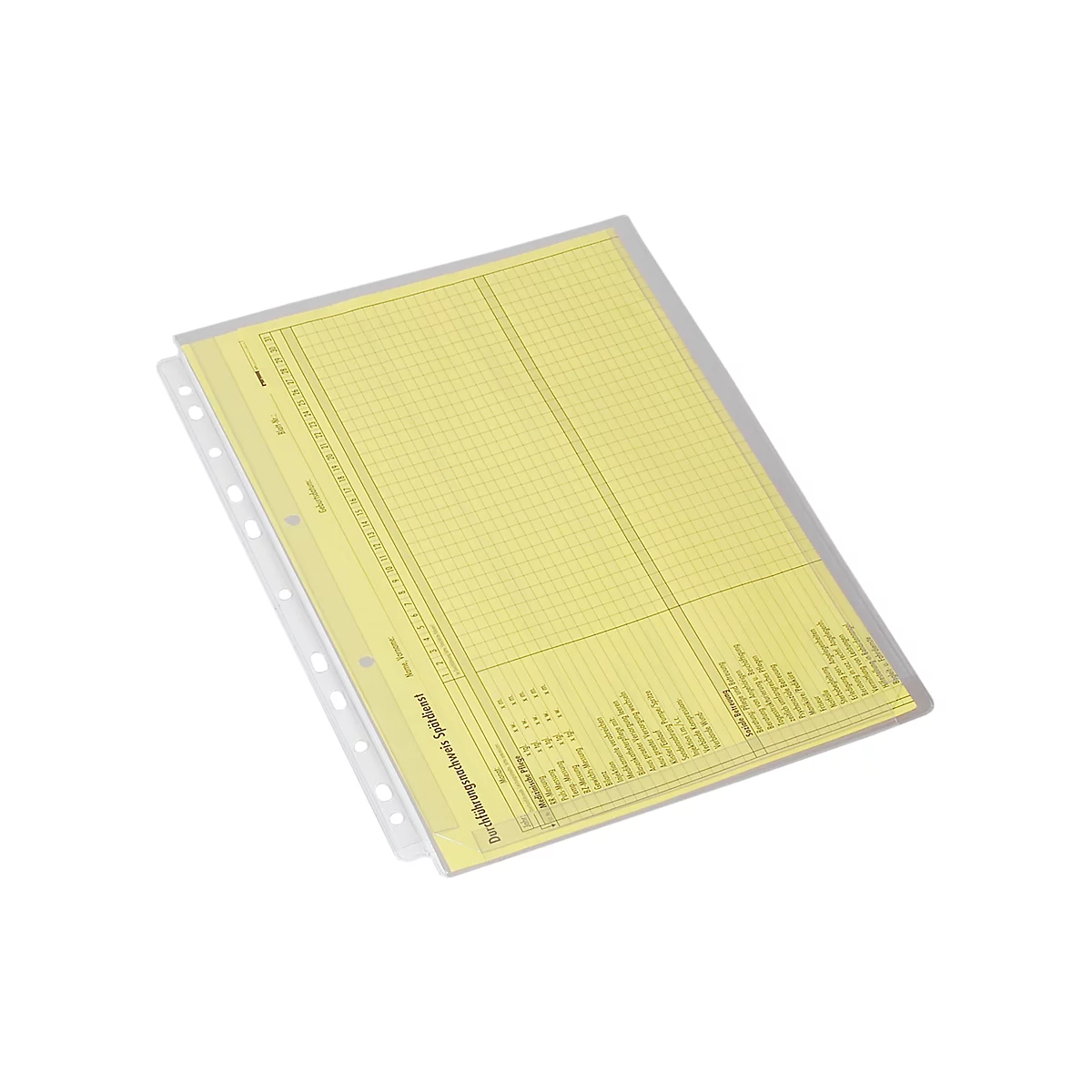 Yellow sheet of paper in a clear plastic sleeve. With pre-printed columns and lines. The sleeve is transparent.