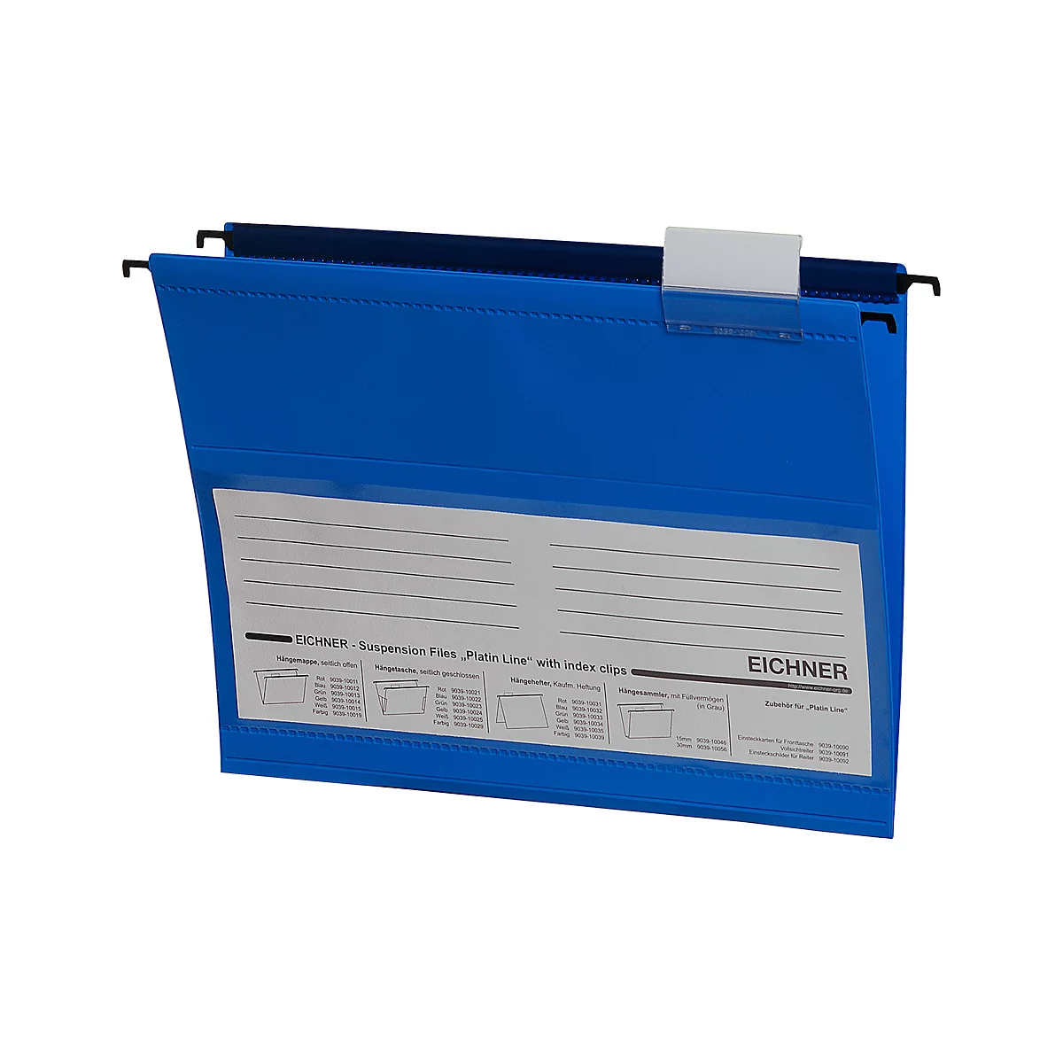 Blue suspension file with label and company logo.