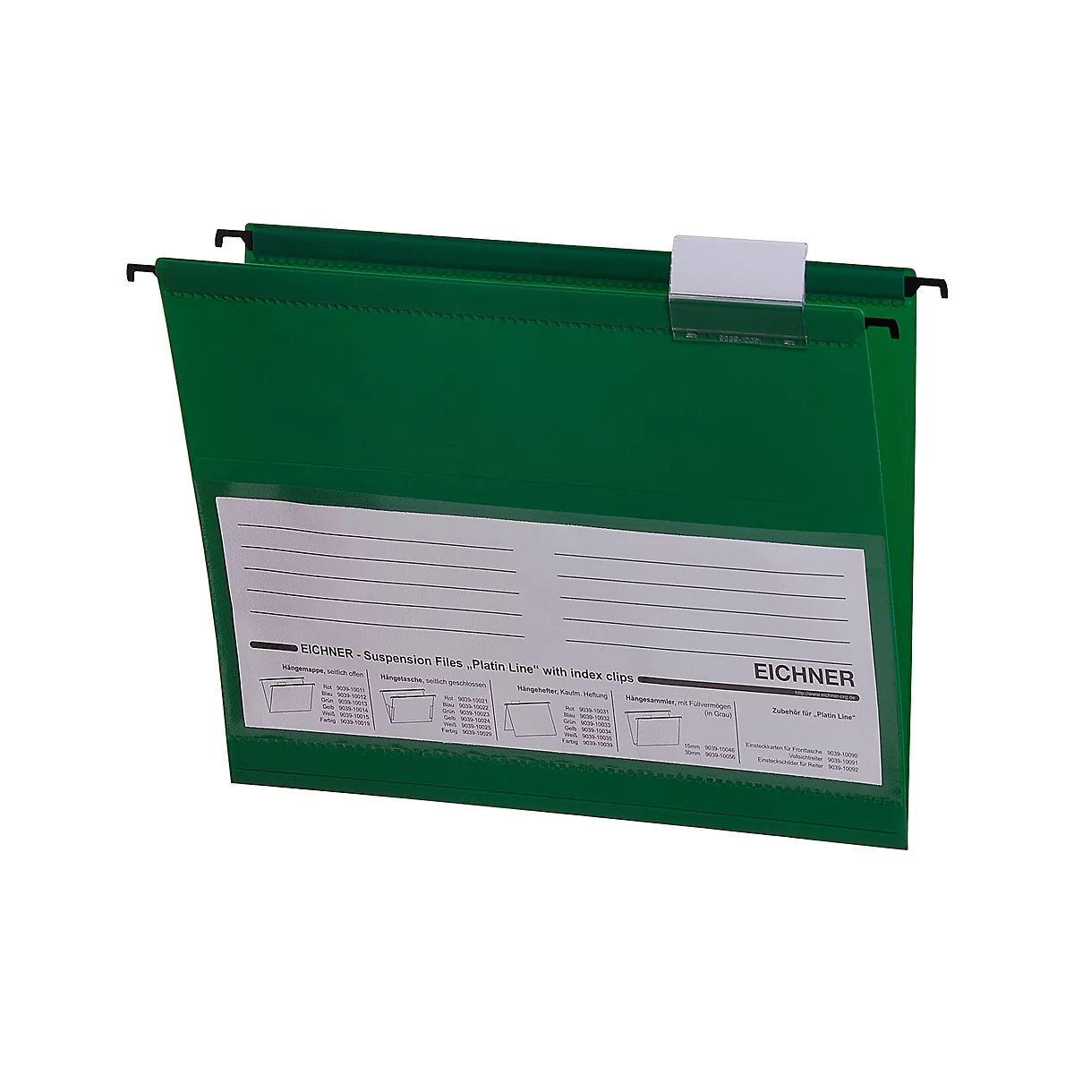 Green hanging file with white label field and transparent case, with a clip above.