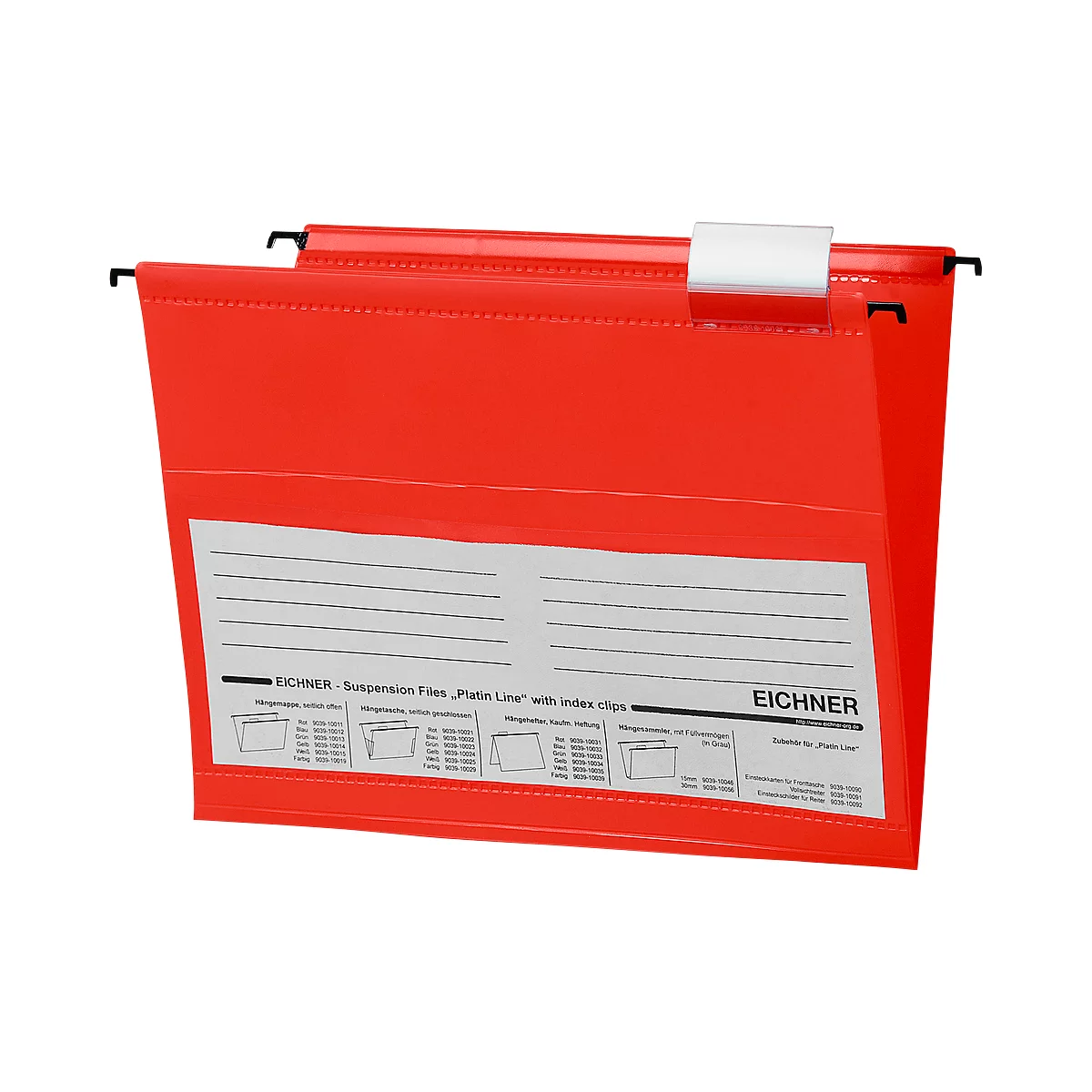 Red hanging file with a white label and black bracket.