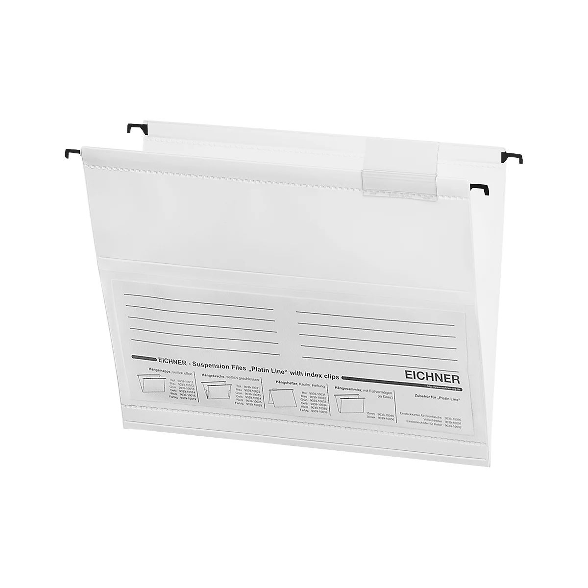 Hanging file with black hooks, white case and labeling.