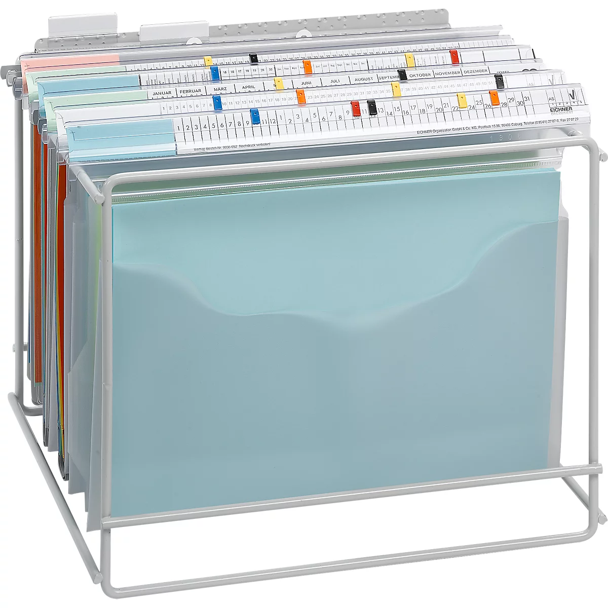File organizer with colored tabs in a white metal frame.